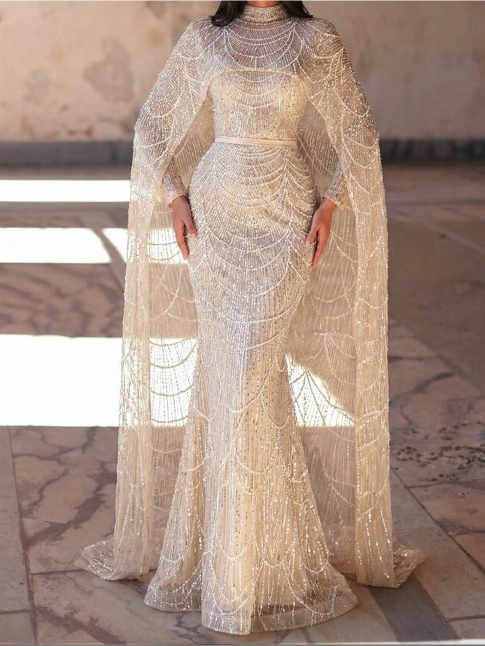Dubai Arabia Nude Mermaid Long Cape Luxury Evening Dresses Gowns - Picture 5 of 5